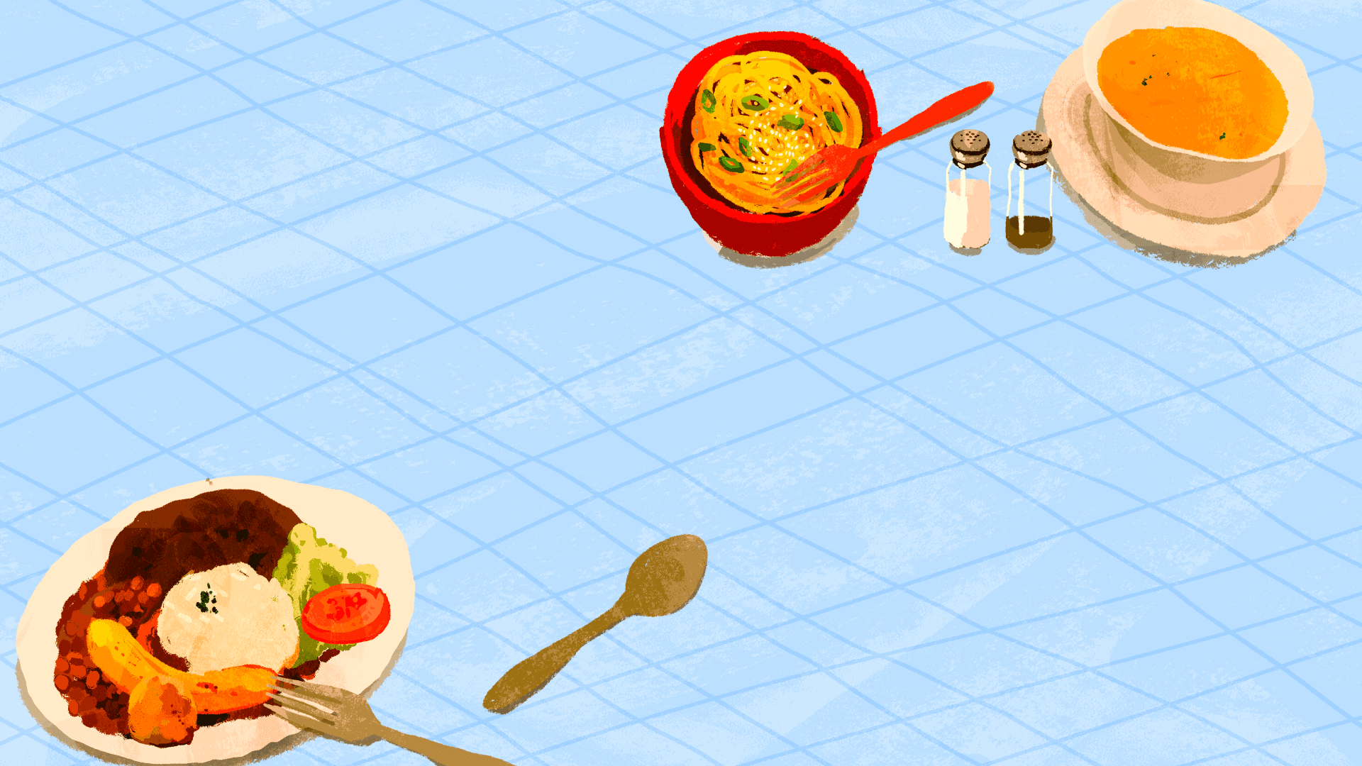 Ilustración. A la izquierda en la parte de abajo de la imagen está dibujada una bandeja paisa, está compuesta por fríjoles, arroz, plátano, ensalada y carne, un tenedor está pobre el plato y al lado hay una cuchara. Arriba a la derecha hay dos platos. El de la izquierda tiene espaguetis y un tenedor. En el de la derecha hay una sopa. En el medio de ambos platos hay un salero y un pimentero.