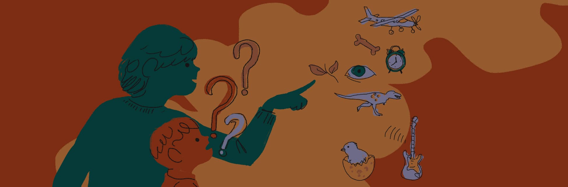 Ilustración horizontal. Del extremo izquierdo de la imagen aparecen dos siluetas, una de un adulto, en color verde, y otra de un niño en color naranja. El niño se ve sorprendido ante lo que la silueta del adulto señala: una nebulosa color naranja claro los rodea y se propaga hasta el extremo superior de la imagen. De allí emerge un avión, un reloj despertador, una hoja, un ojo, un dinosaurio, un pollito y una guitarra. Signos de interrogación salen desde el niño.