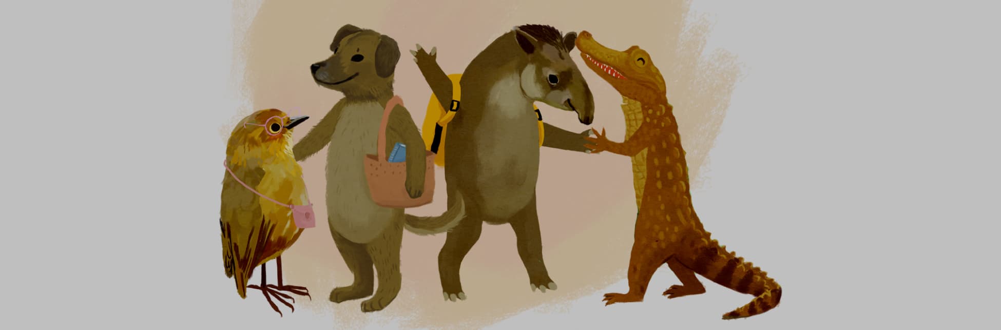 Ilustración. De pie, de perfil y de cuerpo entero se ven cuatro animales personificados. A la izquierda, un pájaro con gafas y un bolso que cuelga de su cuello mira hacia la derecha a un perro que sonríe y que tiene un bolso más grande colgando de un brazo, del que se asoma un libro. En tercer lugar se ve una danta con un morral a la espalda que está mirando a un lagarto.