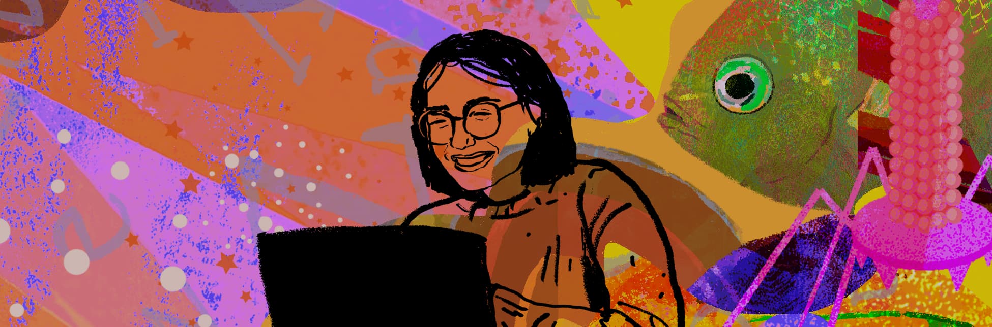 Ilustración. Sobre un fondo abstracto de formas y texturas coloridas en tonos rosados, lilas, naranjas y amarillos, se observan una figura humana sonriente frente a un computador portátil, un pez con gran ojo redondo en el extremo derecho y una estructura similar a un virus con forma poliédrica en la parte superior.