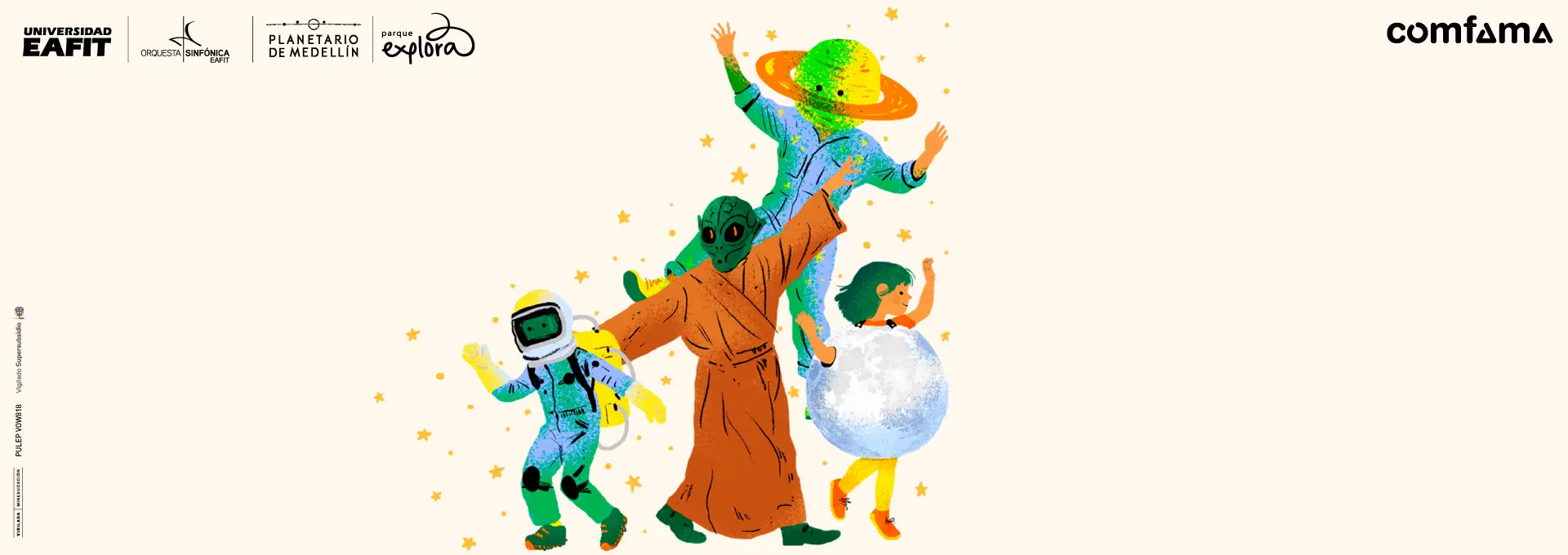 Ilustración. Sobre un fondo claro aparecen estrellas y cuatro personajes disfrazados: una persona astronauta, un extraterrestre con túnica, una persona con un planeta con anillos como cabeza y otra dentro de una esfera similar a la Luna.