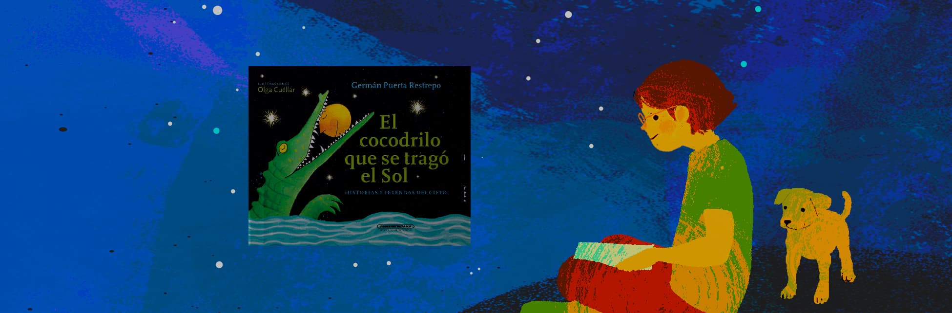Ilustración. Una niña está sentada con los pies cruzados. Sobre ellos tiene una hoja en blanco. Frente a ella se encuentra la portada de un libro titulado "El cocodrilo que se tragó el Sol", que muestra la imagen de un cocodrilo con el sol entre los dientes.