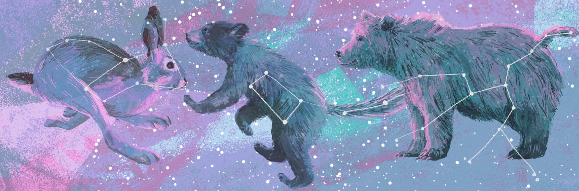 Ilustración. Sobre un fondo en tonos rosados y azules aparecen tres constelaciones: la Osa menor, la Osa mayor y la Liebre, sobre las líneas aparece la figura artística.