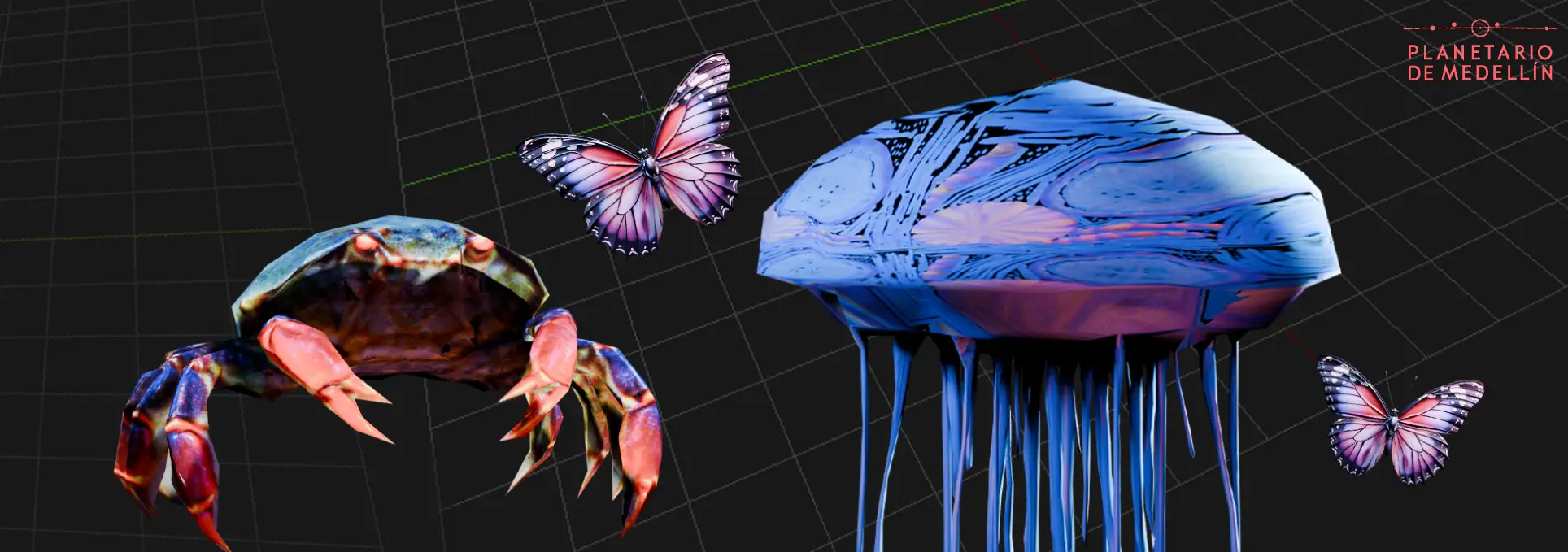 Ilustración. Sobre un fondo con una cuadrícula tridimensional aparecen figuras digitales: una mariposa en vuelo, una medusa y un cangrejo modelados en estilo tridimensional.