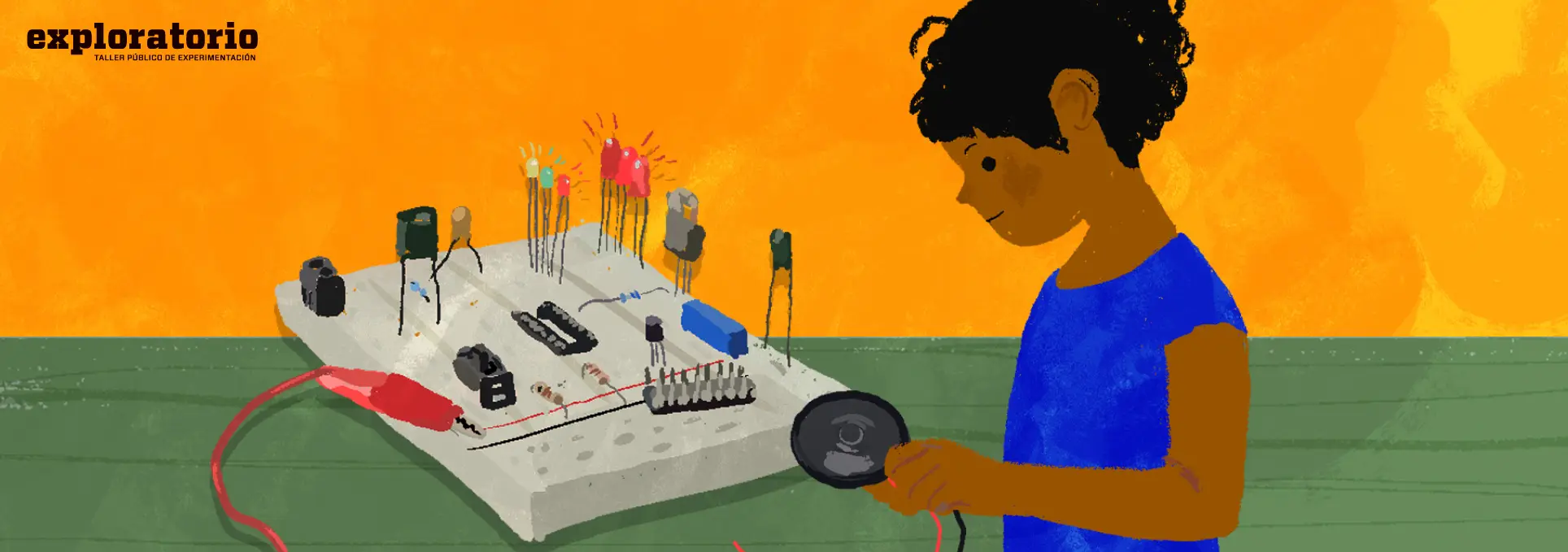 Ilustración. Sobre un fondo amarillo con textura, se observa a un niño de perfil trabajando sobre una mesa con una placa de pruebas que tiene cables, luces, resistencias y otros componentes electrónicos, mientras sostiene una herramienta circular.