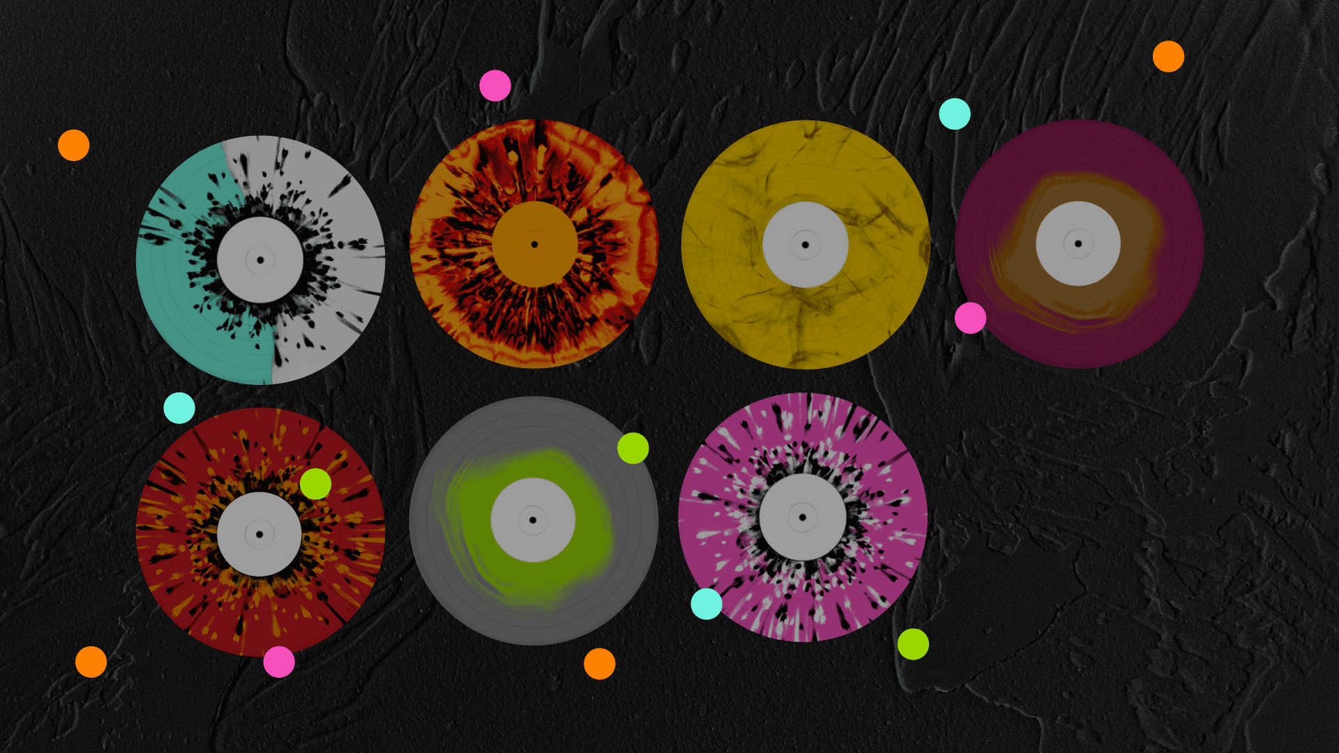 Ilustración. Aparecen siete discos de vinilo, cuatro arriba y tres abajo. Cada uno tiene colores y texturas distintas.