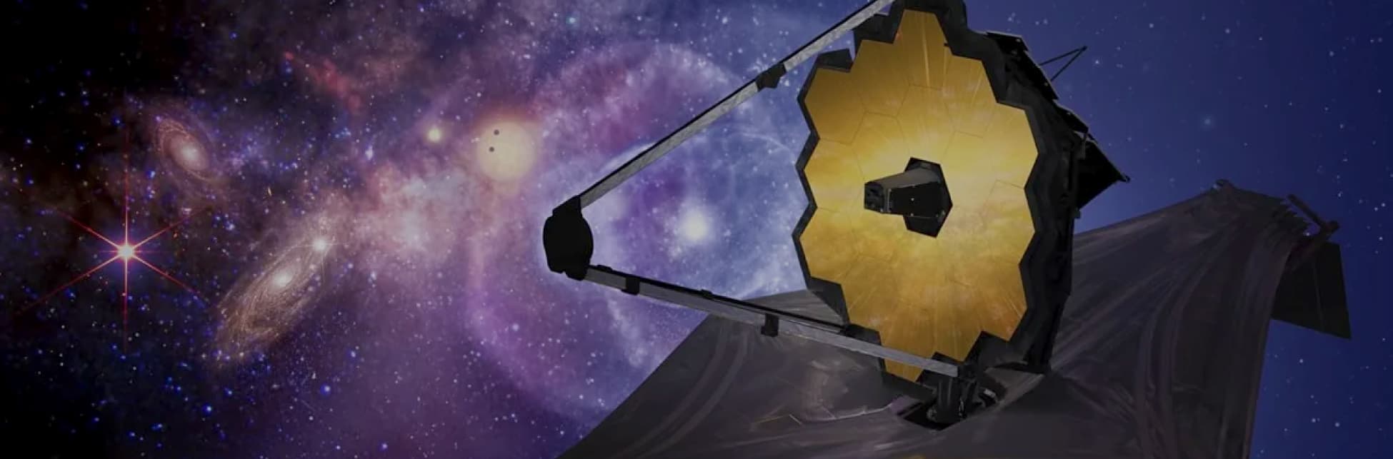 Ilustracción. Sobre un fondo violeta con galaxias, en la parte derecha aparece un observatorio espacial, tiene espejos exagonales dorados y una base en forma de rombo.