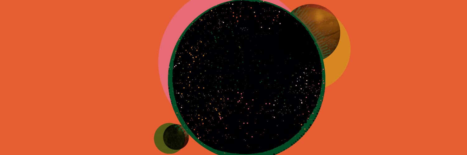 Ilustración. Sobr eun fondo naranja, figuras circulares en tonos rosados, verdes y amarillos que representan planetas o astros.
