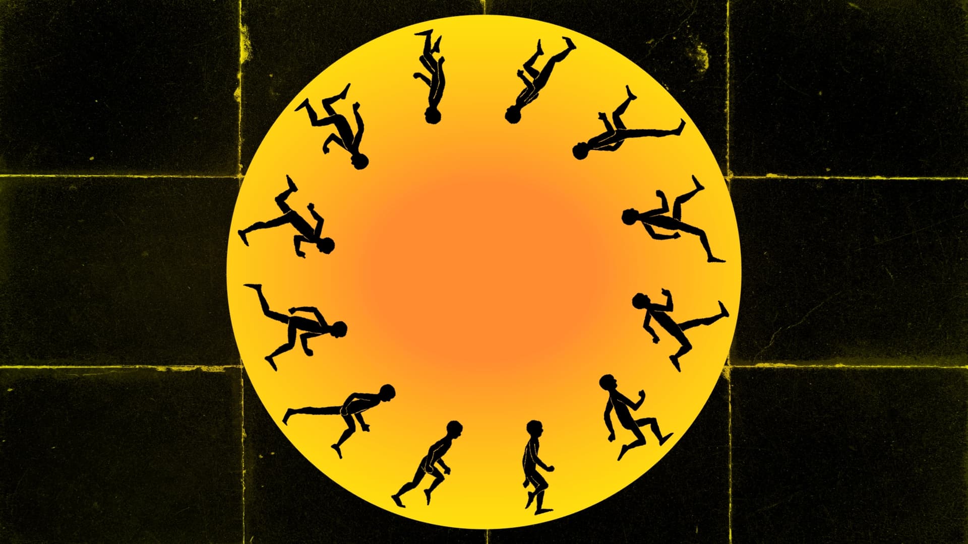 Ilustración. Sobre un fondo oscuro con textura y retícula, aparece un gran círculo amarillo y naranja. Alrededor del borde del círculo hay siluetas negras de una persona en distintas posiciones de carrera, distribuidas como una secuencia animada que sugiere movimiento.