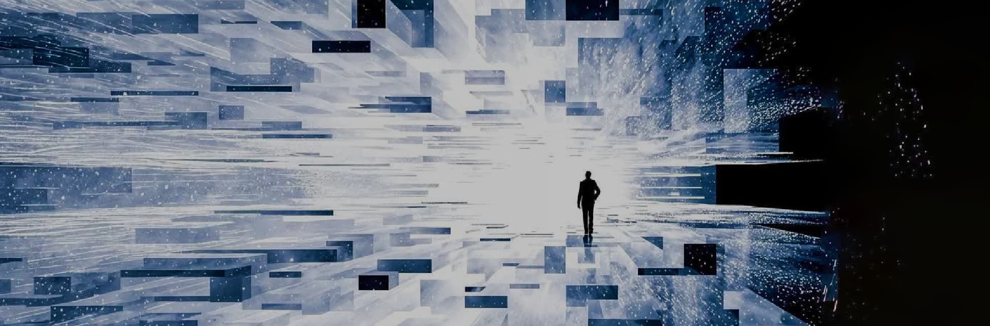 Ilustración. Sobre un fondo oscuro con un paisaje abstracto de formas rectangulares y destellos que convergen hacia un punto luminoso central, se observa la silueta de una persona caminando hacia la luz.