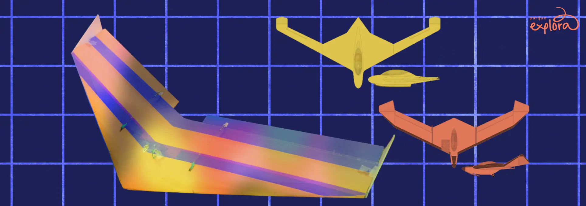 Ilustración. Sobre un fondo azul con cuadrícula, se observan modelos de aeronaves de radiocontrol.