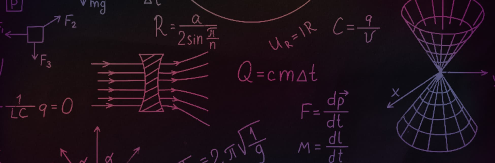 Ilustración. Sobre un fondo oscuro con fórmulas y gráficos matemáticos en diferentes colores, hay figuras geométricas como un triángulo inscrito en un círculo y ecuaciones.
