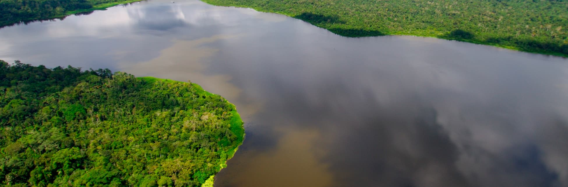 Fotografía aérea de un gran cuerpo de agua rodeado por selva densa. En la parte inferior izquierda una península cubierta de árboles se adentra en el agua. La superficie refleja nubes y sombras. Alrededor se extiende un bosque tropical continuo sin construcciones ni personas visibles.