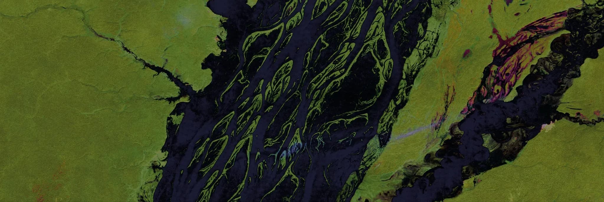 Fotografía. Imagen satelital de la Amazonía en tonos verdes y oscuros
