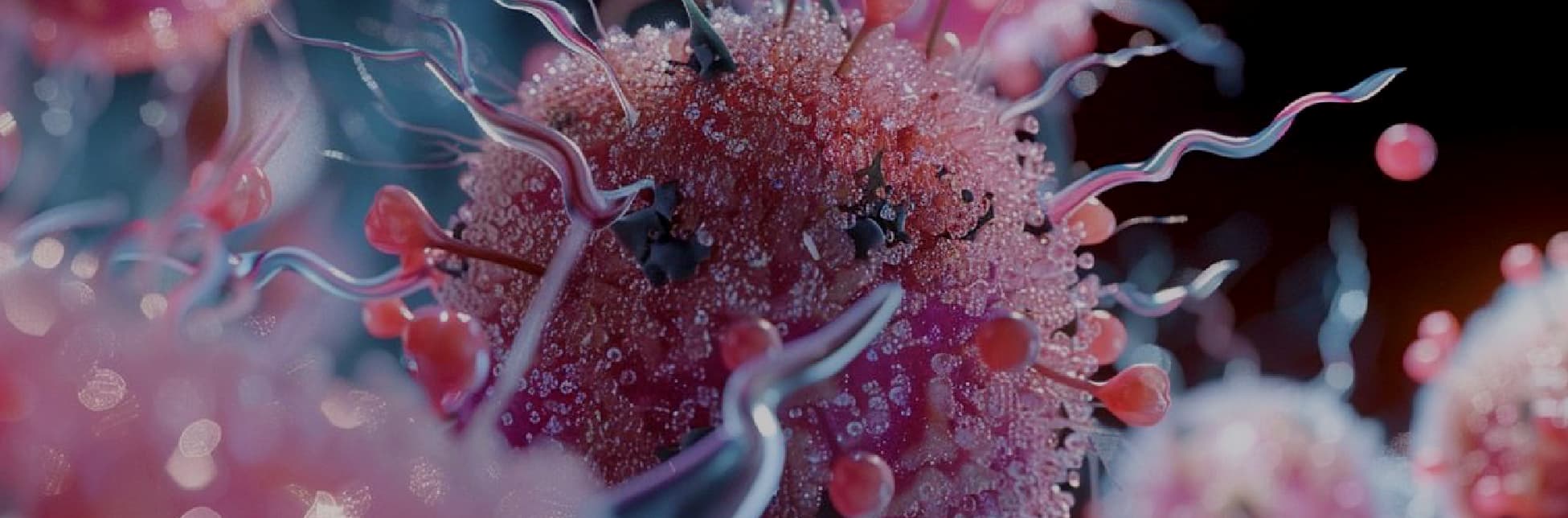 Fotografía. Un fondo que muestra una imagen microscópica de formas orgánicas y celulares, con estructuras esféricas y filamentos en primer plano.