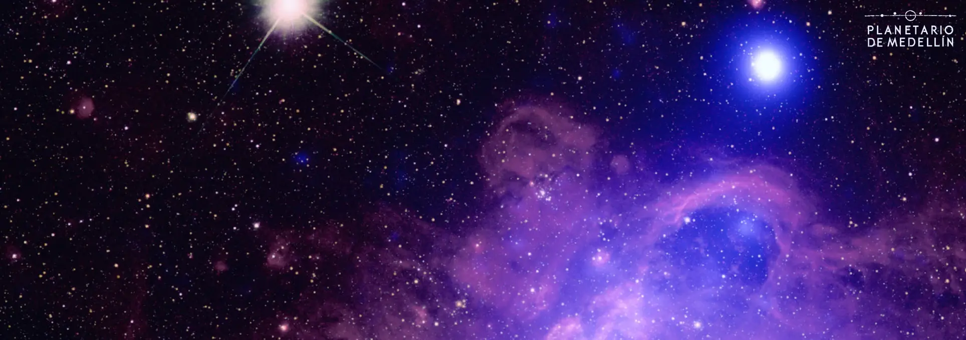 Ilustración. Sobre un fondo espacial con una galaxia, se observan estrellas y nebulosas.