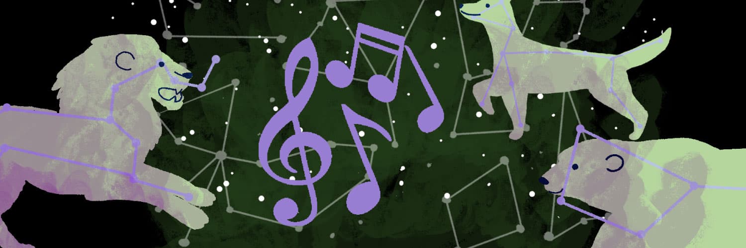 Ilustración. Sobre un fondo estrellado aparecen diferentes constelaciones y notas musicales. Tres de las constelaciones están acompañadas del animal que lleva su nombre un león, un oso y un perro.