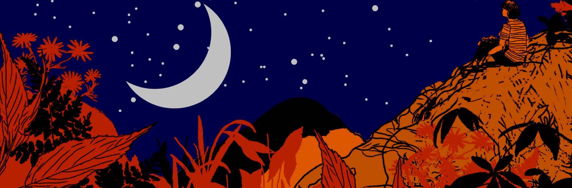 Ilustración. En primer plano se ven unas montañas color naranja, al fondo el cielo azul oscuro estrellado y a la izquierda la luna menguante.