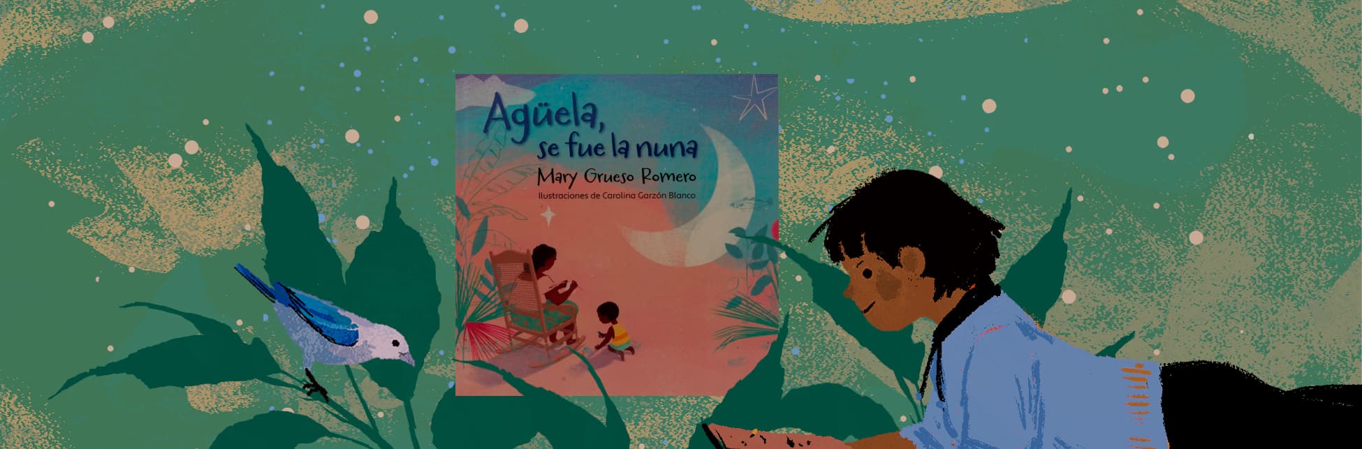 Ilustración. Un niño leyendo un libro. Al centro, una imagen de la portada del libro muestra a una abuela en una silla mecedora y un niño pequeño junto a ella, con un fondo que representa una luna y estrellas.