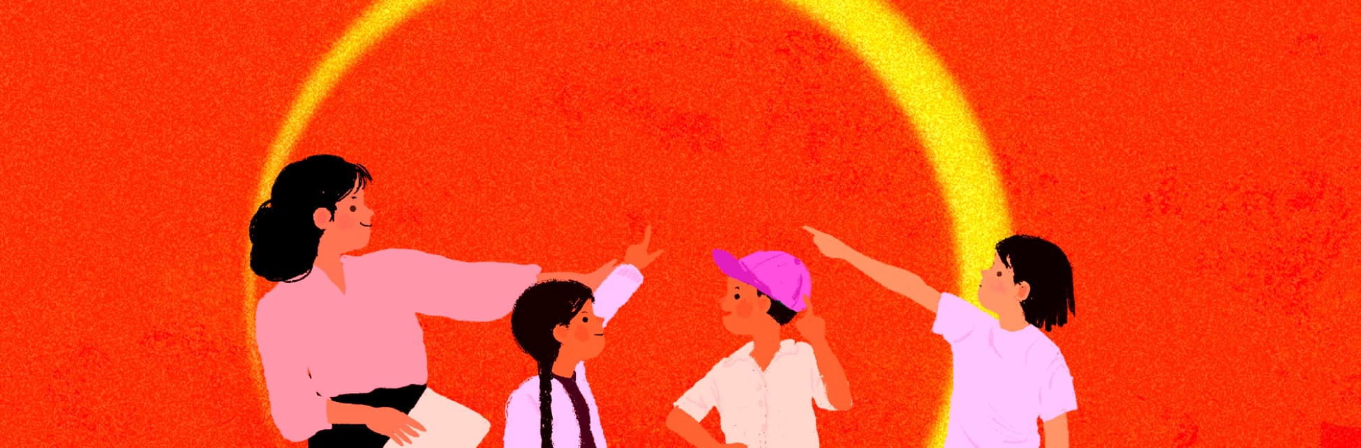 Ilustración. En la parte inferior de la imagen tres niñas y niños y una mujer adulta, todas señalan una circunferencia amarilla que está encima.