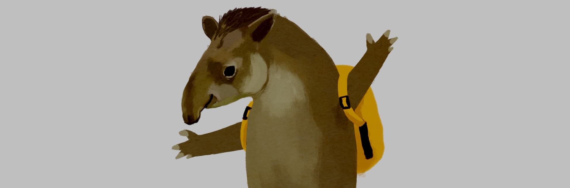 Ilustración. En la parte derecha de la imagen un tapir de cuerpo completo, es un animal cuadrúpedo con hocico alargado y orejas pequeñas. Está de pie sobre sus patas traseras y tiene un morral amarillo en su espalda.