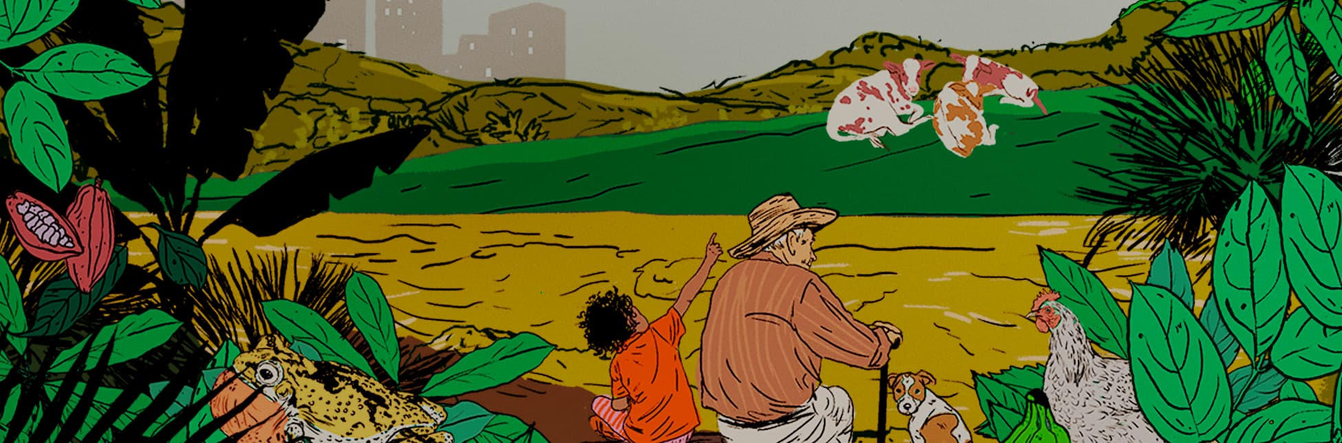 Ilustración. En primer plano, sobre un paisaje natural con hojas verdes, frutas, un sapo, una gallina y vacas al fondo, se observa a una persona mayor con sombrero y bastón junto a una niña sentada, señalando hacia un río. En el cielo, una garza vuela sobre un fondo gris.