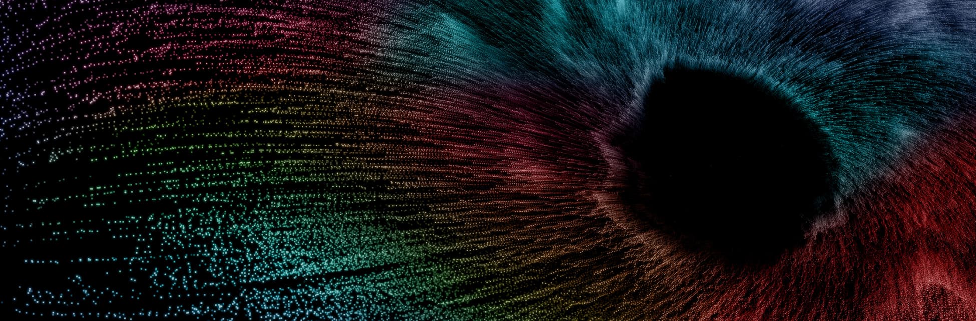 Ilustración. Sobre un fondo negro, se ven líneas punteadas de varios colores que se dirigen a un espacio negro irregular en la parte derecha de la imagen.