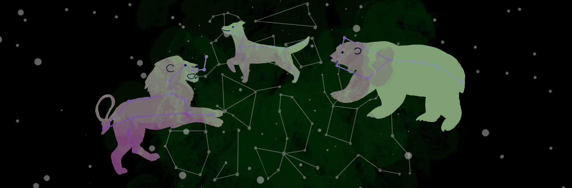 Ilustración. Sobre un fondo verde con tonos negros aparecen figuras de líneas formadas con puntos blancos que representan estrellas. Tres de ellas está recubiertan por formas de animales: un león, un perro y un oso.