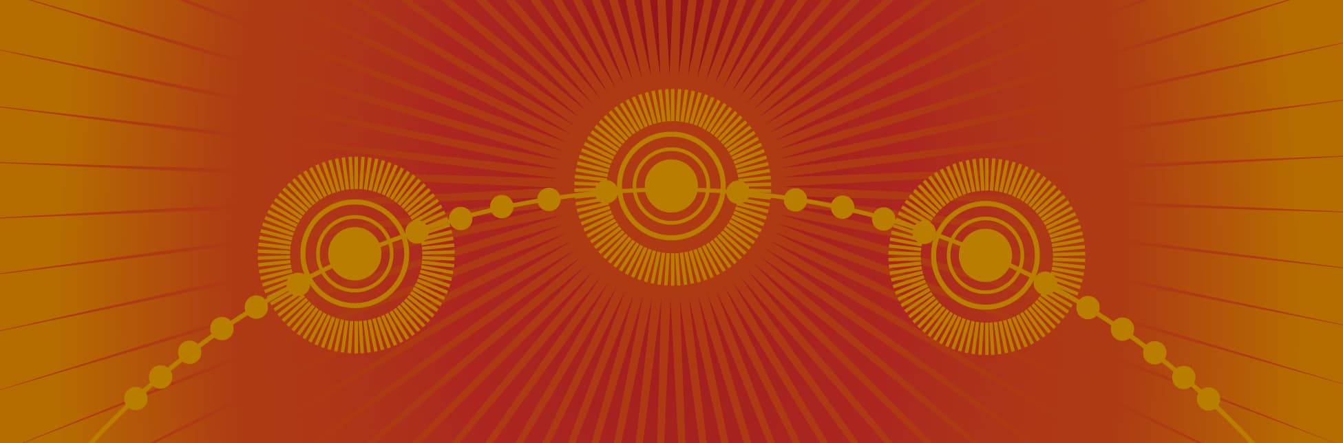 Ilustración. Sobre un fondo rojo con líneas radiales que salen del centro, en la parte superior hay tres formas circulares conectadas por puntos que recuerdan órbitas o trayectorias.