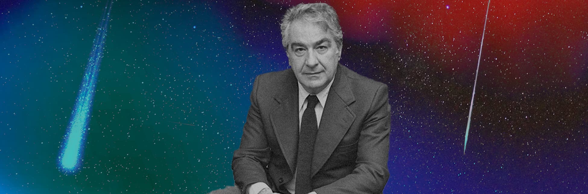 Ilustración. Sobre un fondo con un cielo estrellado y una estela luminosa, se encuentran varios textos informativos. A la derecha, se observa una fotografía en blanco y negro de un hombre de cabello canoso, vestido con traje y corbata, con una expresión seria.
