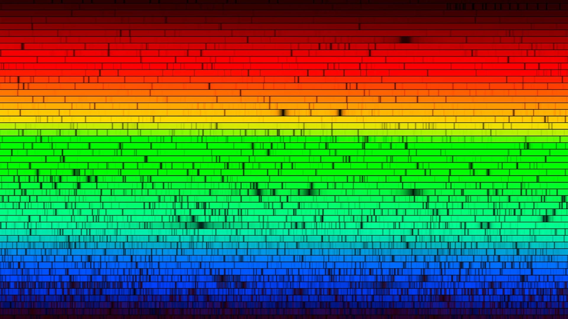 Ilustración. Sobre un fondo ocupado completamente por franjas horizontales de colores del espectro visible, organizadas de arriba hacia abajo en tonos rojos, naranjas, amarillos, verdes, azules y violetas, se superpone un patrón de líneas rectangulares irregulares que atraviesan toda la imagen, generando variaciones en la intensidad de cada color.