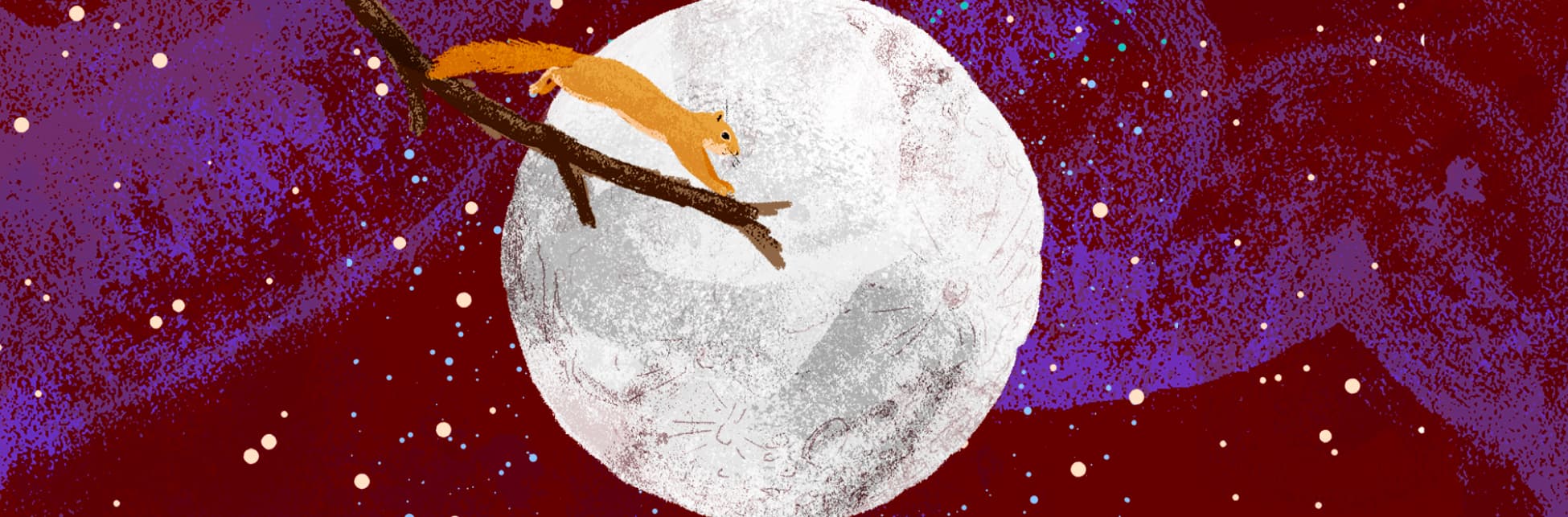 Ilustración horizontal. Sobre un fondo estrellado con una luna llena en el centro que ocupa gran parte de la imagen una ardilla de perfil sobre una rama tiene el cuerpo extendido como desplazándose.