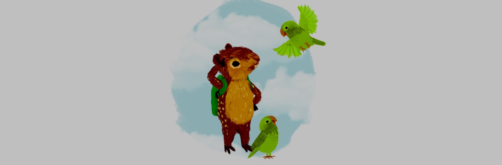 Ilustración. Una paca, un animal de patas y orejas cortas con hocico puntiagudo color café con su pata izquierda apoyada en la cabeza con aspecto de intriga. Junto a ella dos loritos color verde, uno parado junto a ella y otro volando.