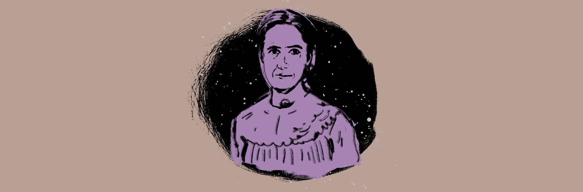 Ilustración. Sobre un fondo beige, en un círculo negro que simula un cielo estrellado, aparece el retrato dibujado de la astrónoma Henrietta Leavitt, fondeado en color morado, levemente de perfil y en plano medio.
