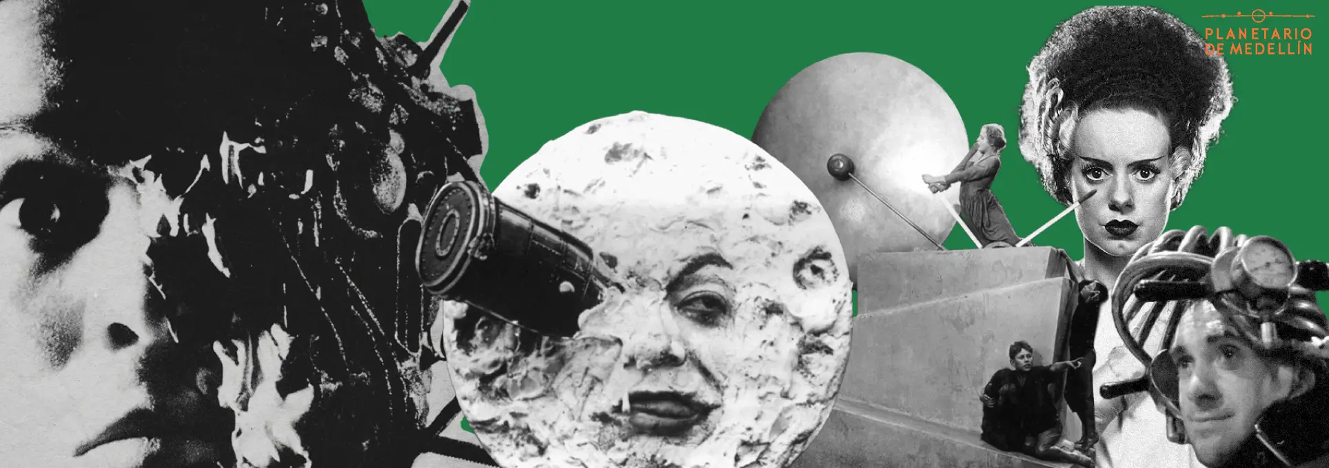 Ilustración. Sobre un fondo verde oscuro, se observa un collage en blanco y negro de escenas clásicas de cine y una luna con rostro humano.