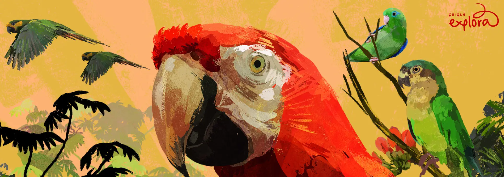 Ilustración. Sobre un fondo amarillo con textura, se observan loros, pericos y guacamayas posados y en vuelo.