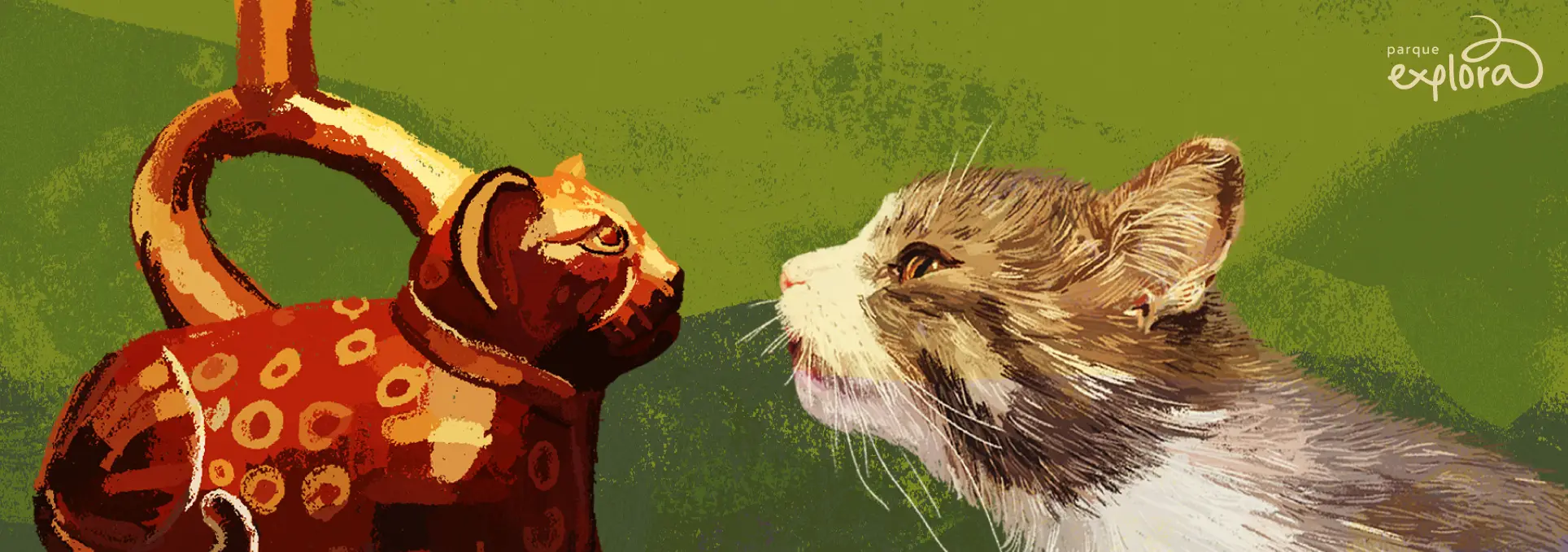 Ilustración. Sobre un fondo verde con textura, se observa una vasija con forma de felino frente al rostro de un gato.