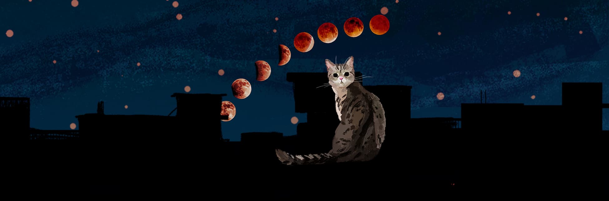 Collage. Sobre un cielo nocturno aparecen ocho imágenes de la Luna que muestran distintas fases de un eclipse; abajo hay siluetas de edificios y la ilustración de un gato sentado.