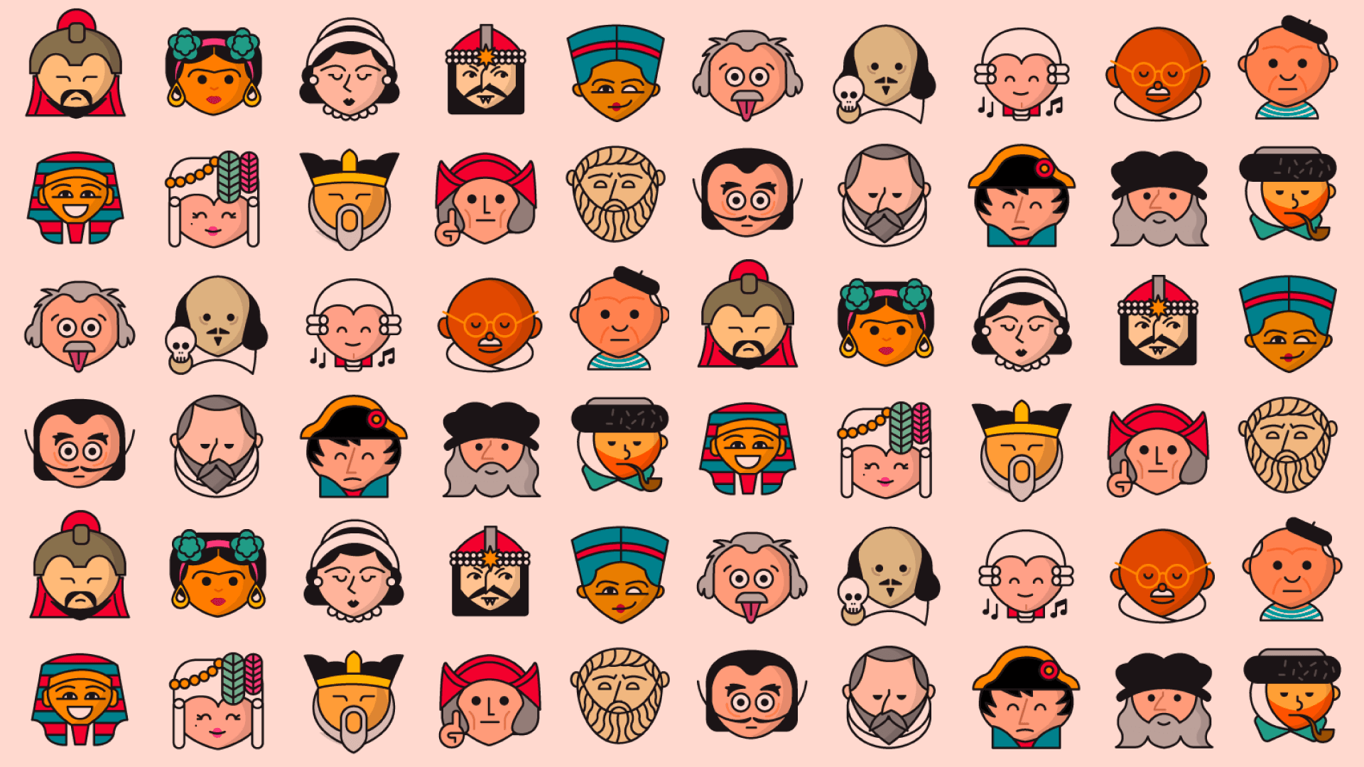Ilustración. Aparecen dibujados 60 rostros de personas históricos como Frida Kahlo, Einstein, Gandhi, Simón Bolívar, Salvador Dalí, entre otros.