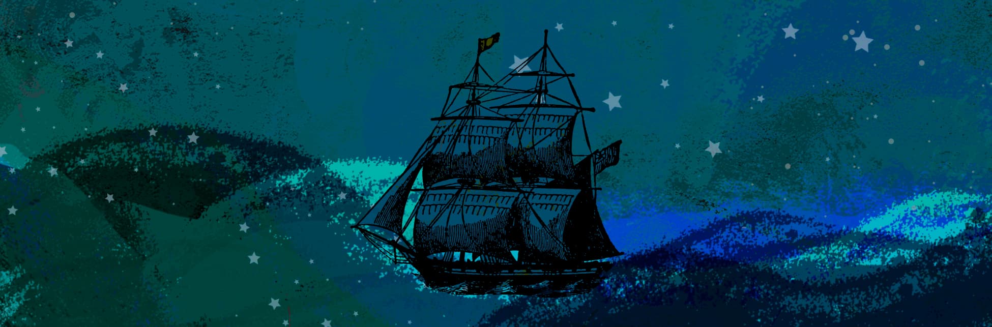 Ilustración horizontal. Sobre un fondo en tonos azules y verdes en el centro de la imagen una carta celeste, un objeto circular con varias líneas concéntricas que inician pequeñas en el centro y se hacen más grandes hasta llegar al borde del círculo. También hay puntos blancos de diferentes tamaños unidos entre sí con algunas líneas.