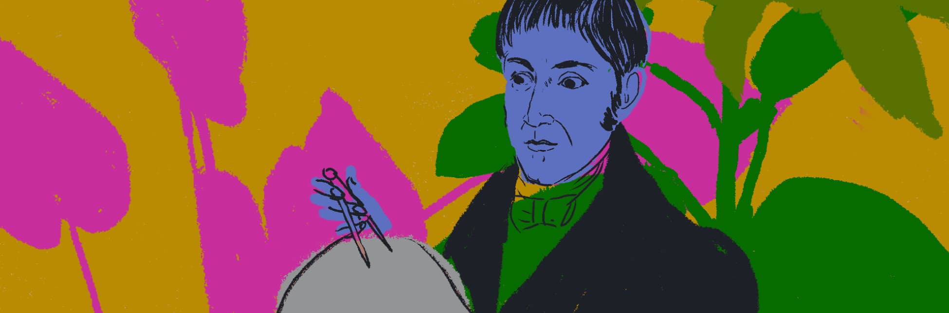 ilustración. Un hombre de cabellos lacio y mirada sorprendidas, tiene entre sus manos un compas que posa sobre una figura circular. El fondo tiene colores llamativos.