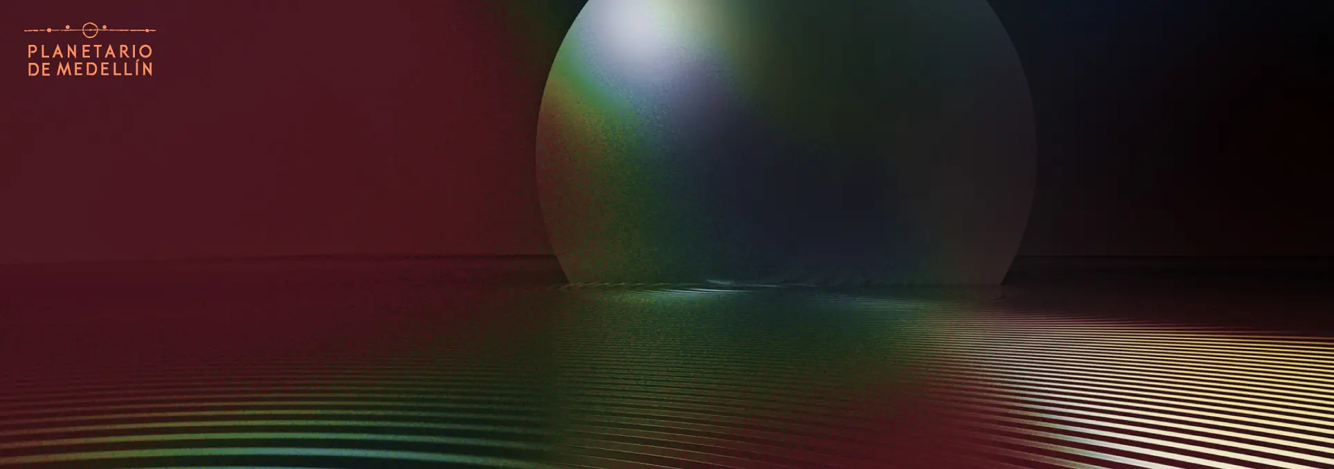 Ilustración digital. Un fondo oscuro con franjas curvas y destellos, en el centro una esfera multicolor.