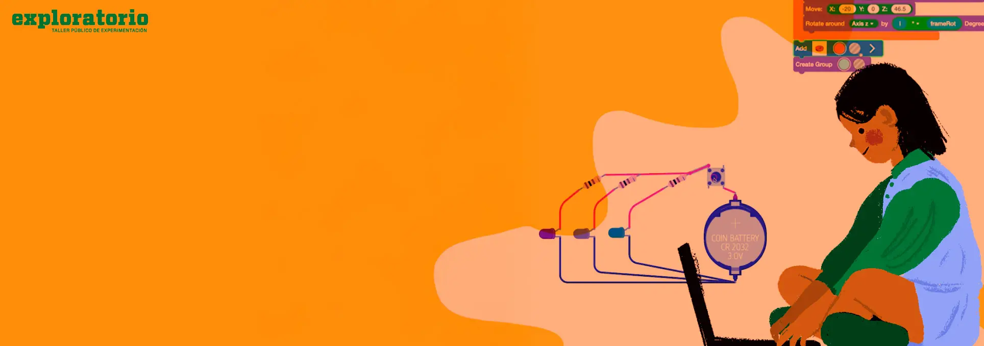 Ilustración. Sobre un fondo naranja, aparece una niña sentada frente a un computador portátil. Entre ambos se ven un circuito con cables, luces, resistencias, un interruptor y una batería, y arriba hay bloques de programación.