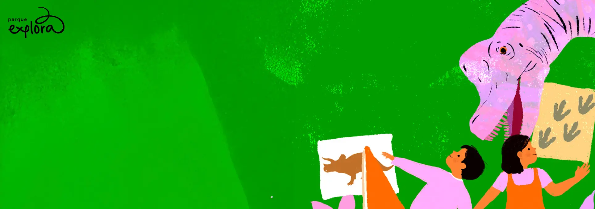 Ilustración. Sobre un fondo verde, aparecen dos niñas y niños junto a banderas, huellas y la cabeza de un dinosaurio.