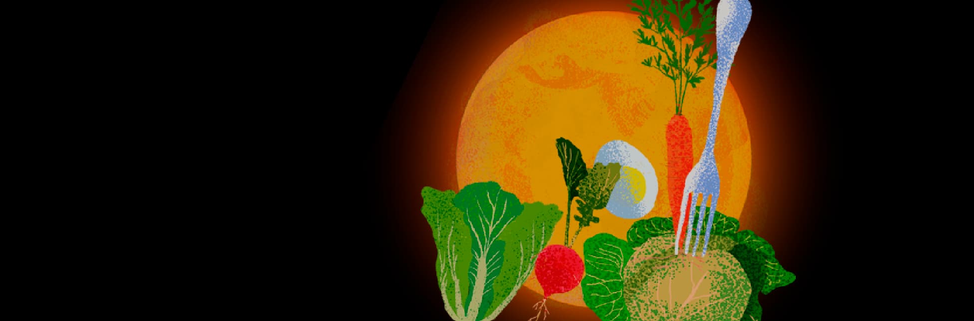 Ilustración. Sobre un fondo anaranjado que simula un gran disco luminoso, se ve una composición de verduras: hojas verdes, una zanahoria con tallo, un rábano, un trozo de lechuga y un huevo partido, junto a un tenedor metálico