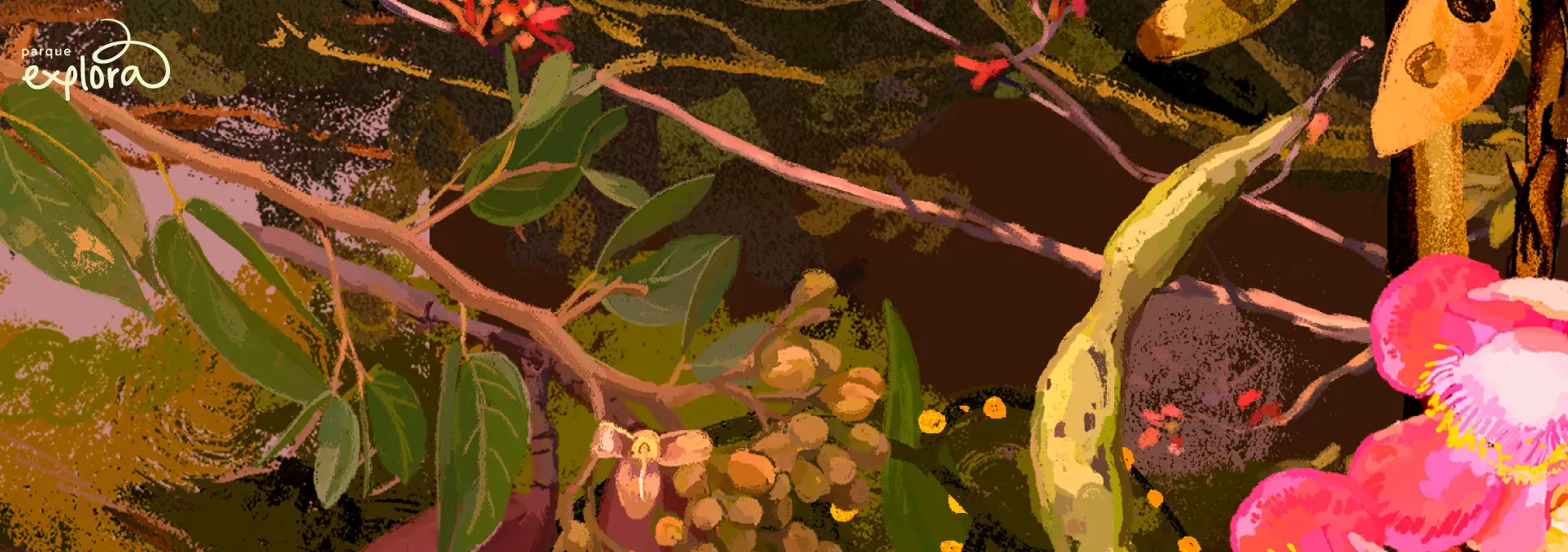 Ilustración. Un fondo de ramas, hojas, vainas y flores.