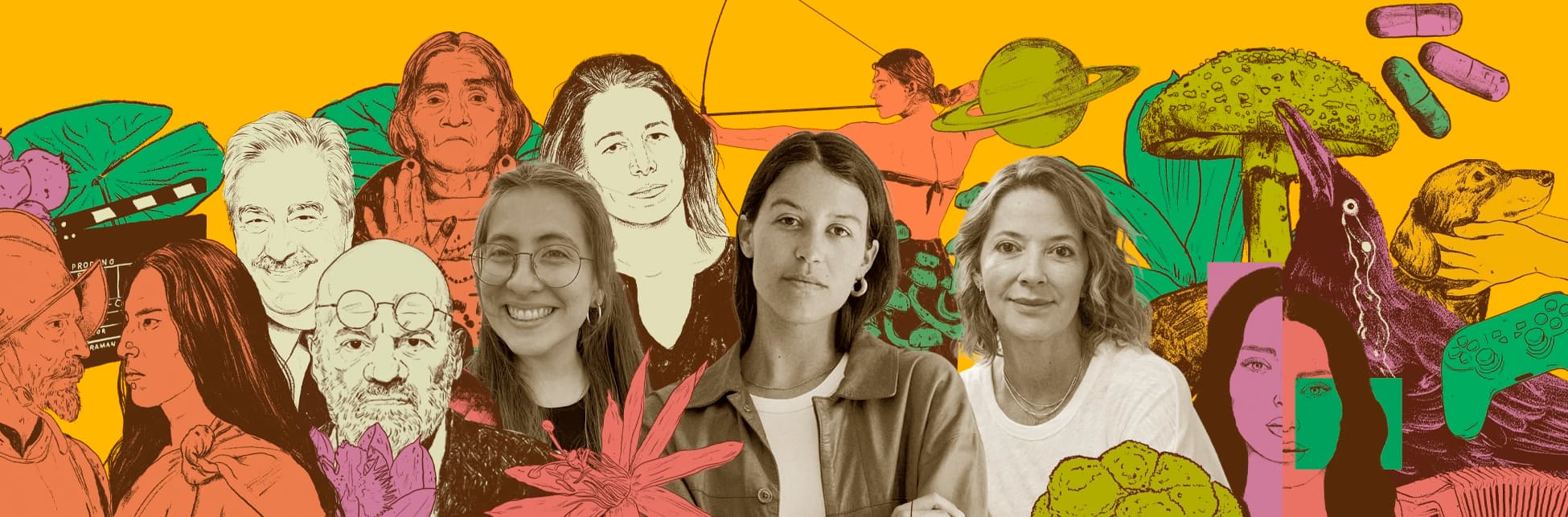 Collage. Sobre un fondo amarillo se superponen retratos fotográficos y rostros ilustrados de varias personas, distribuidos en el centro y el lado izquierdo. Alrededor aparecen hojas y flores, un hongo de gran tamaño, una rana, un ave, cápsulas, un planeta con anillos, una figura humana que extiende los brazos, un instrumento de cuerda, controles de videojuegos y otros elementos abstractos. En la parte inferior derecha se integran fragmentos de rostros y formas geométricas.