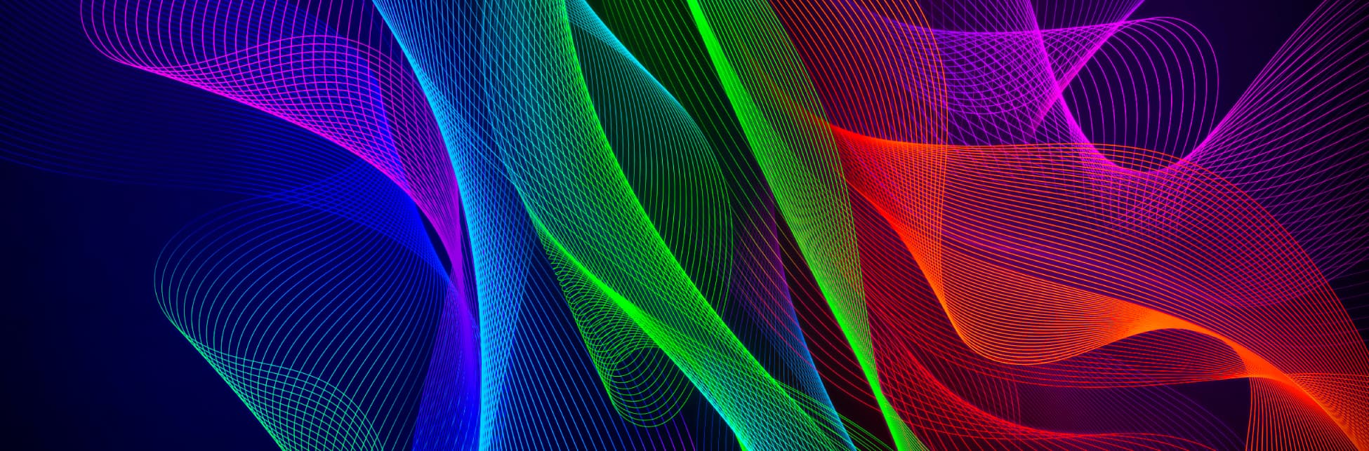 Ilustración. Sobre un fondo con líneas de colores neón en tonos rojo, azul, verde y morado que se entrecruzan formando un patrón de ondas.