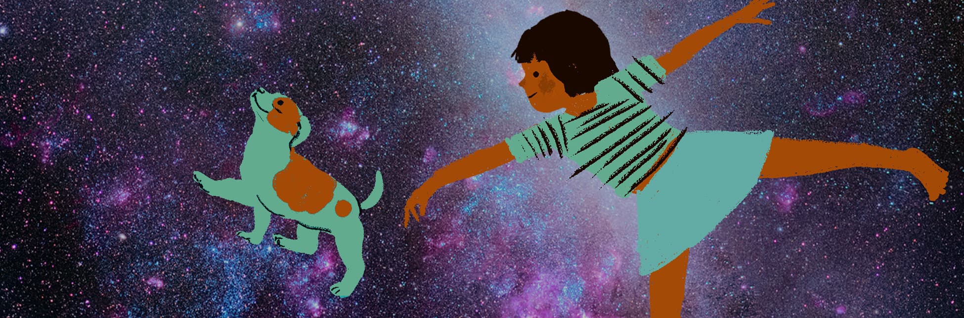 Ilustración. Sobre un fondo estrellado, una niña de piel oscura y cabello rizado se encuentra extendiendo un brazo mientras se inclina hacia adelante, con una falda celeste y una blusa de rayas. Frente a ella, un perro blanco con manchas naranjas levanta la cabeza.