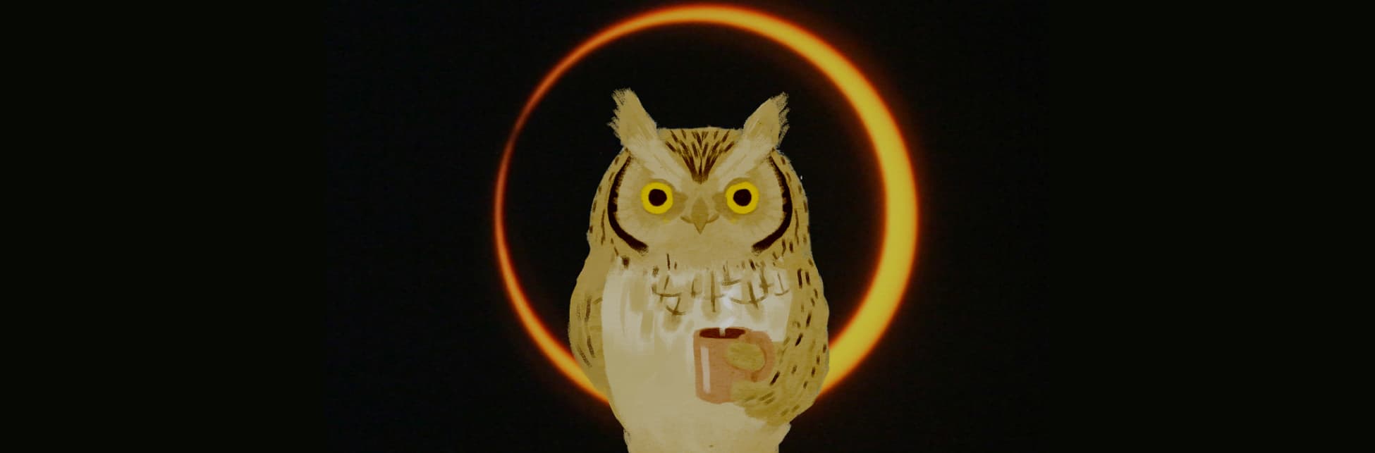 Ilustración. En el centro de la imagen un buho de frente y de pie con una taza de café en la mano. Detrás de él un eclipse de Sol: una circunferencia en tonos naranjas.